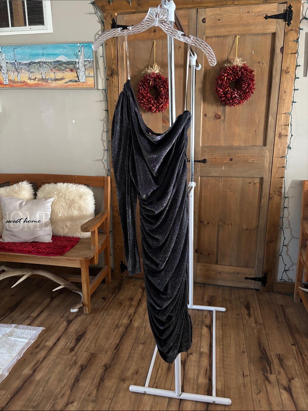 Black Sparkle Draped Evening Dress
